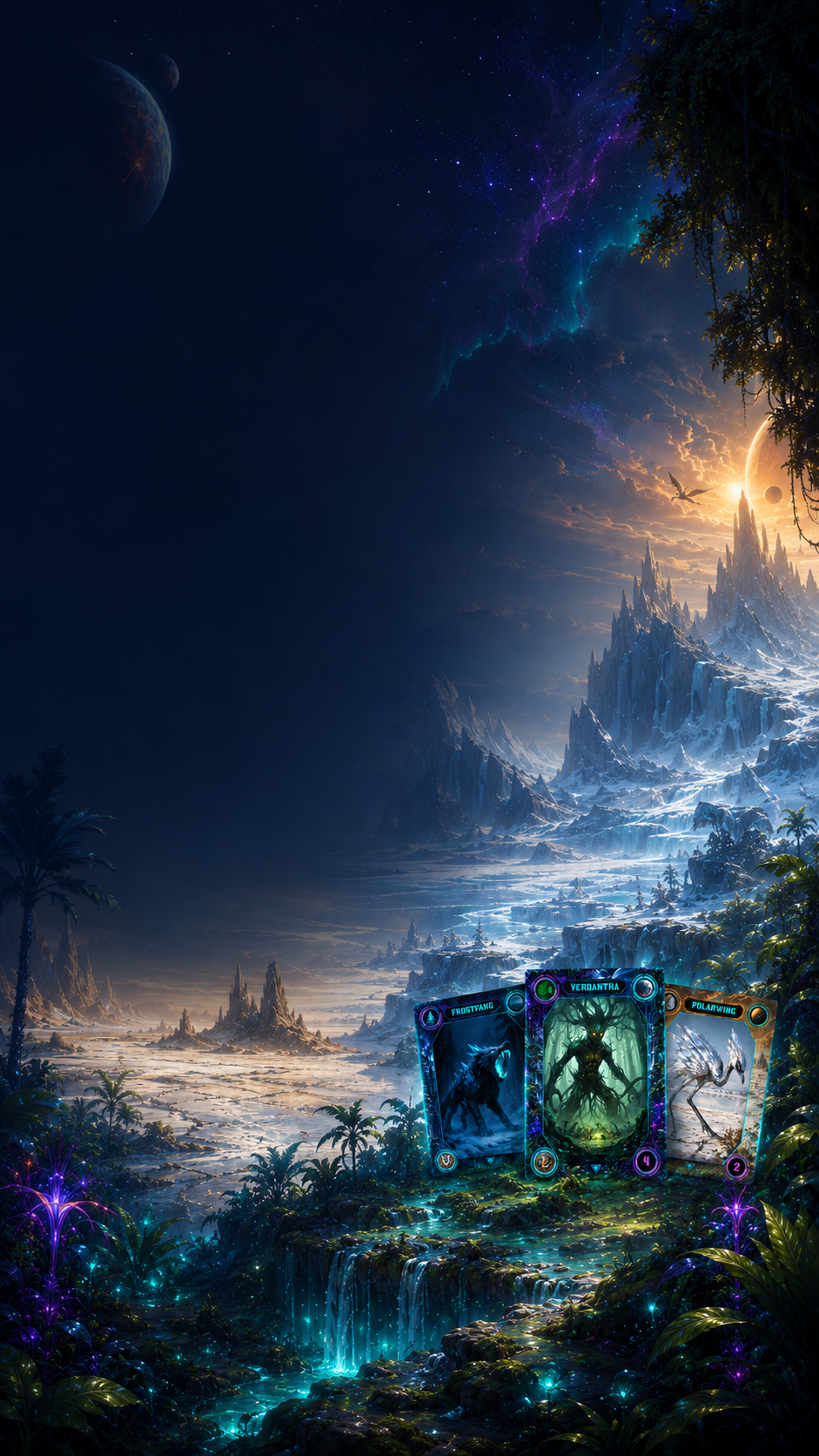 Nova Creatura campaign artwork of an alien world with creature cards
