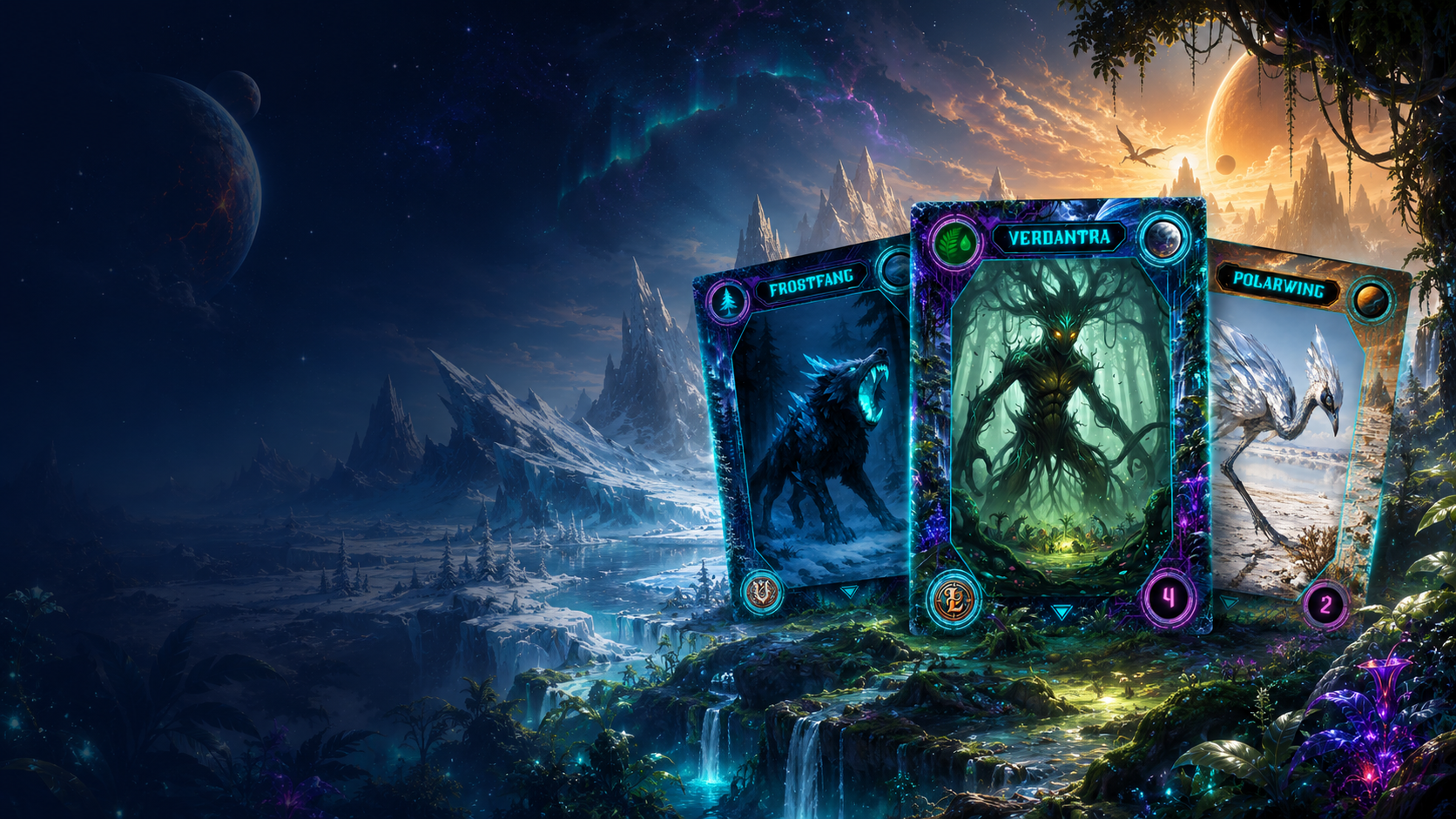 Nova Creatura campaign artwork of an alien world with creature cards